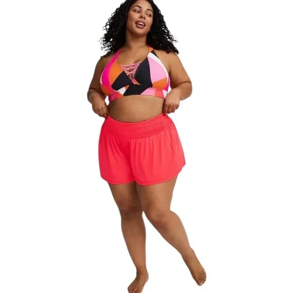 TORRID Swim Shorts CoverUp Sheer Neon-Coral Mesh Smocked Waist Flowy NWT Size 2X - Picture 9 of 11